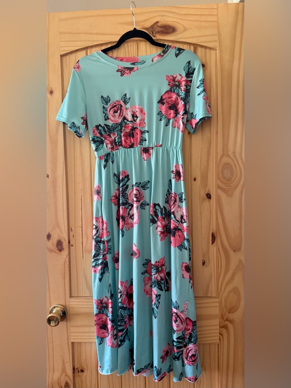Mint Floral Midi Dress with Pink Roses.